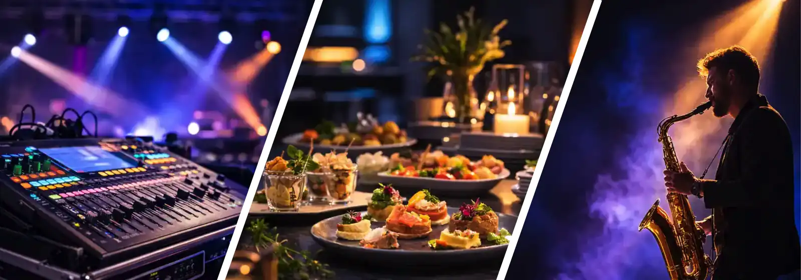 Ein DJ Pult, ein Buffet und ein Saxophonist auf einem Event in Hamburg